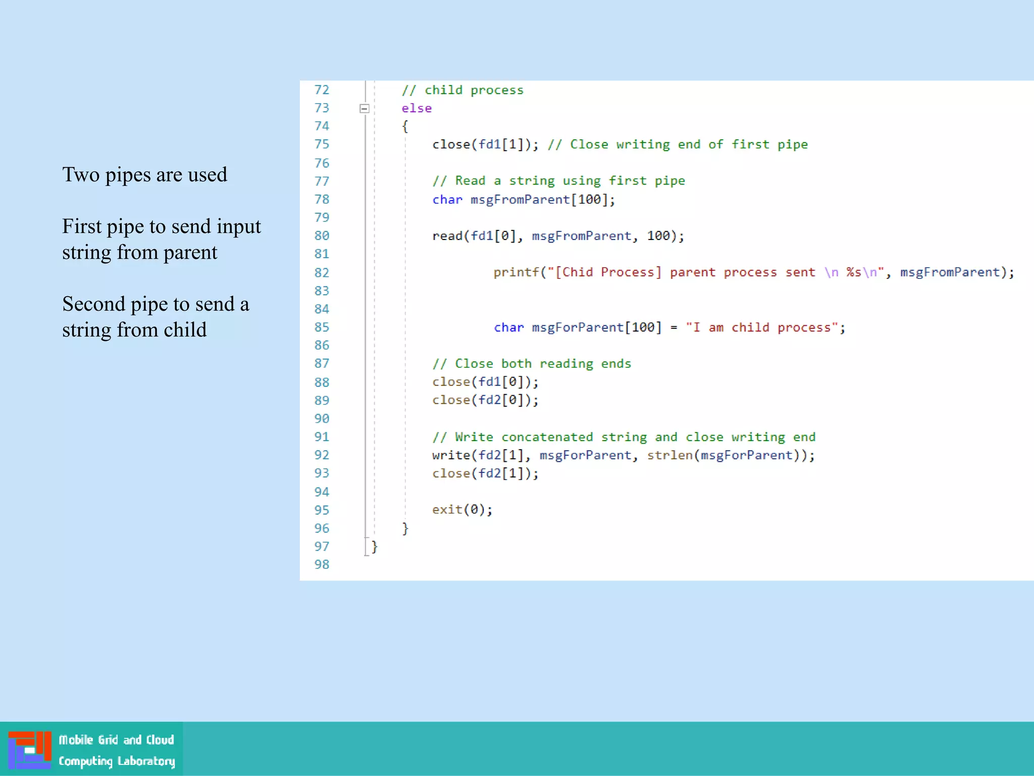 Two pipes are used
First pipe to send input
string from parent
Second pipe to send a
string from child
 