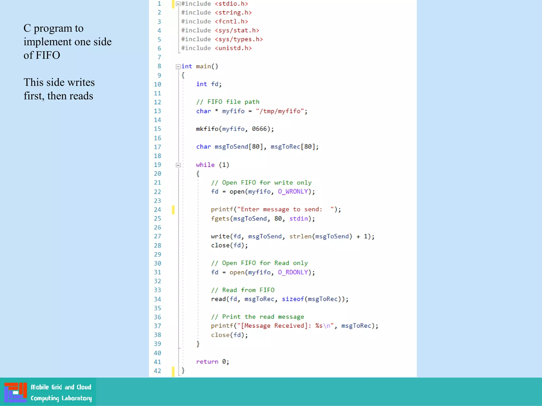 C program to
implement one side
of FIFO
This side writes
first, then reads
 