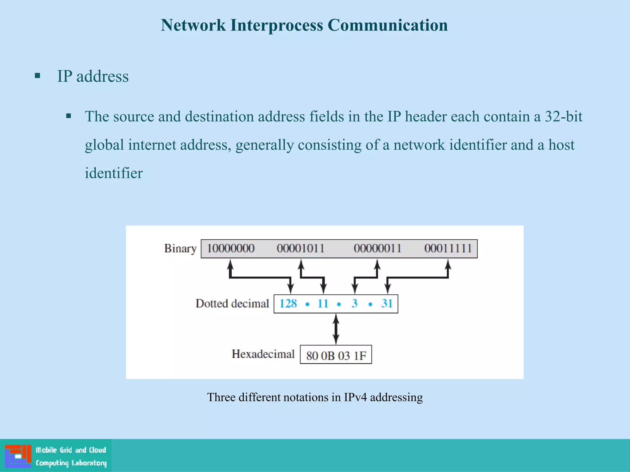  IP address
 The source and destination address fields in the IP header each contain a 32-bit
global internet address, generally consisting of a network identifier and a host
identifier
Three different notations in IPv4 addressing
Network Interprocess Communication
 