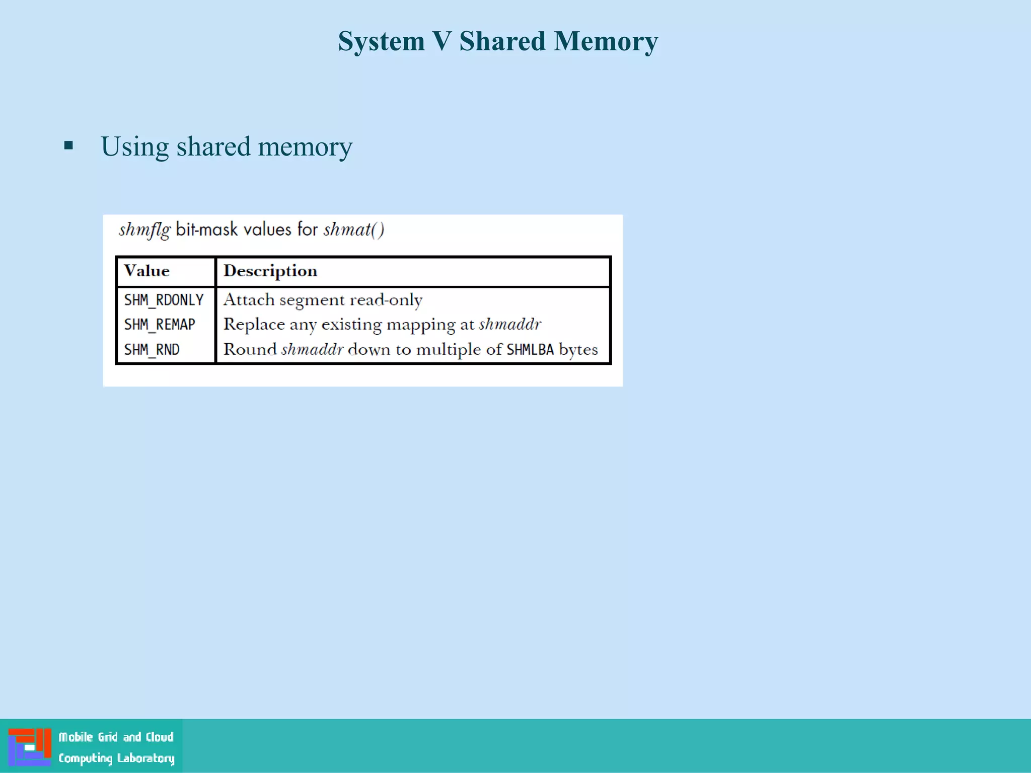 System V Shared Memory
 Using shared memory
 