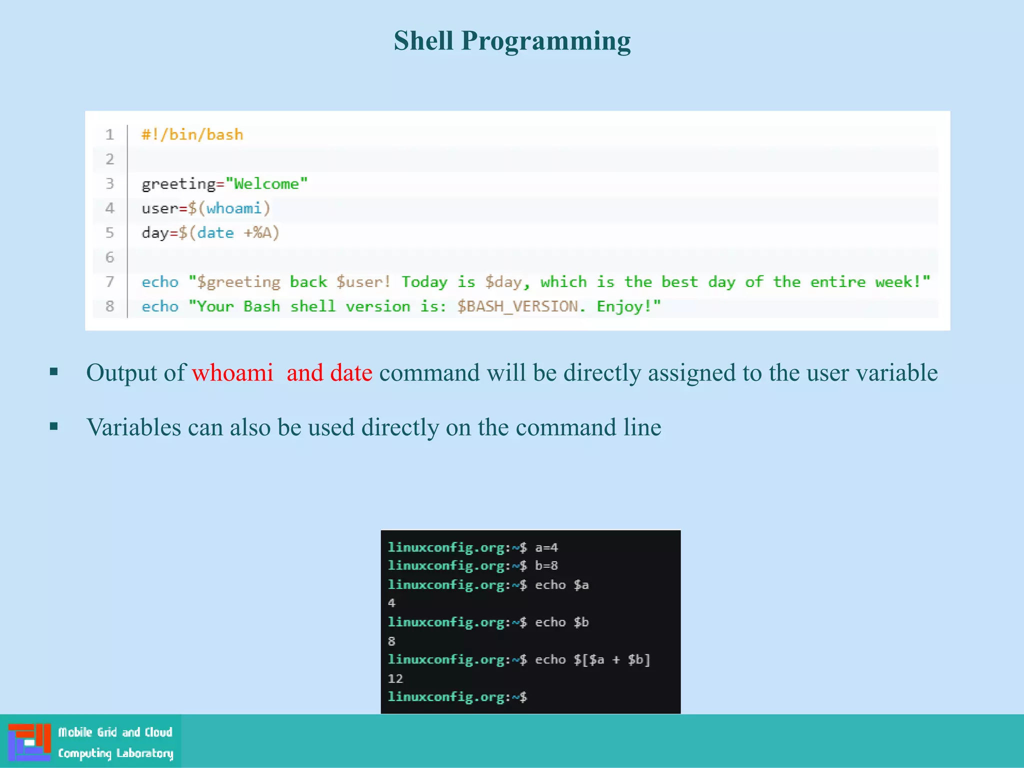 Shell Programming
 Output of whoami and date command will be directly assigned to the user variable
 Variables can also be used directly on the command line
 