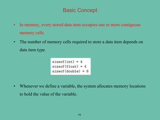 • In memory, every stored data item occupies one or more contiguous
memory cells.
• The number of memory cells required to store a data item depends on
data item type.
• Whenever we define a variable, the system allocates memory locations
to hold the value of the variable.
14
Basic Concept
 
