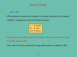 int x = 50;
•This statement instructs the compiler to allocate locations for the integer
variable x, and put the value 50 in those locations.
•During execution of the program, the system always associates the name
x with the address 1380.
•The value 50 can be accessed by using either name x or address 1380.
16
x  variable
50  value
1380  address
Basic Concept
 