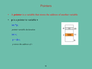 • A pointer is a variable that stores the address of another variable
• p is a pointer to variable v
int *p;
pointer variable declaration
int v;
p = &v;
p stores the address of v
18
Pointers
 