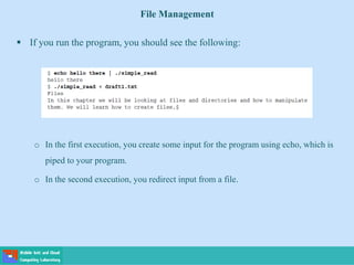 File Management
 If you run the program, you should see the following:
o In the first execution, you create some input for the program using echo, which is
piped to your program.
o In the second execution, you redirect input from a file.
 