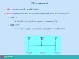 File Management
 offset argument specifies a value in bytes.
 whence argument indicates the base point from which offset is to be interpreted
o SEEK_SET
 The file offset is set offset bytes from the beginning of the file.
o SEEK_CUR
 The file offset is adjusted by offset bytes relative to the current file offset.
 