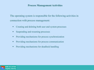 Process Management Activities
 Creating and deleting both user and system processes
 Suspending and resuming processes
 Providing mechanisms for process synchronization
 Providing mechanisms for process communication
 Providing mechanisms for deadlock handling
The operating system is responsible for the following activities in
connection with process management:
 