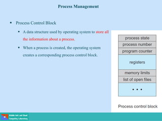  Process Control Block
 A data structure used by operating system to store all
the information about a process.
 When a process is created, the operating system
creates a corresponding process control block.
Process Management
 