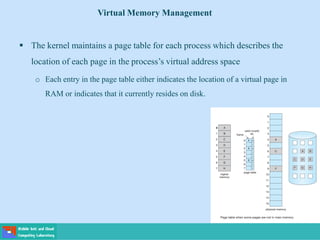  The kernel maintains a page table for each process which describes the
location of each page in the process’s virtual address space
o Each entry in the page table either indicates the location of a virtual page in
RAM or indicates that it currently resides on disk.
Virtual Memory Management
 