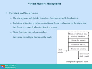  The Stack and Stack Frames
o The stack grows and shrinks linearly as functions are called and return.
o Each time a function is called, an additional frame is allocated on the stack, and
this frame is removed when the function returns.
o Since functions can call one another,
there may be multiple frames on the stack.
Virtual Memory Management
 