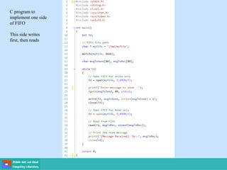 C program to
implement one side
of FIFO
This side writes
first, then reads
 