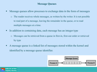 Message Queues
 Message queues allow processes to exchange data in the form of messages
o The reader receives whole messages, as written by the writer. It is not possible
to read part of a message, leaving the remainder in the queue, or to read
multiple messages at a time.
 In addition to containing data, each message has an integer type
o Messages can be retrieved from a queue in first-in, first-out order or retrieved
by type
 A message queue is a linked list of messages stored within the kernel and
identified by a message queue identifier.
 