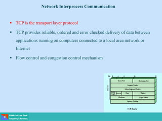  TCP is the transport layer protocol
 TCP provides reliable, ordered and error checked delivery of data between
applications running on computers connected to a local area network or
Internet
 Flow control and congestion control mechanism
Network Interprocess Communication
 