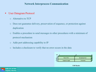  User Datagram Protocol
o Alternative to TCP
o Does not guarantee delivery, preservation of sequence, or protection against
duplication
o Enables a procedure to send messages to other procedures with a minimum of
protocol mechanism
o Adds port addressing capability to IP
o Includes a checksum to verify that no error occurs in the data
Network Interprocess Communication
 