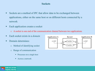 Sockets
 Sockets are a method of IPC that allow data to be exchanged between
applications, either on the same host or on different hosts connected by a
network
 Each application creates a socket
o A socket is one end of the communication channel between two applications
 Each socket exists in a domain
 Domain determines:
o Method of identifying socket
o Range of communication
 Processes on a single host
 Across a network
 