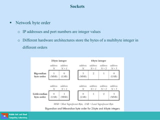 Sockets
 Network byte order
o IP addresses and port numbers are integer values
o Different hardware architectures store the bytes of a multibyte integer in
different orders
 
