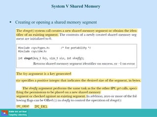 System V Shared Memory
 Creating or opening a shared memory segment
 