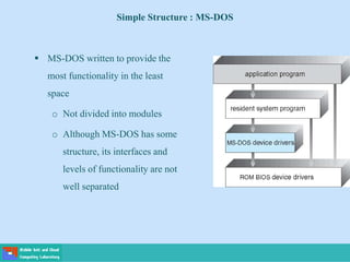 Simple Structure : MS-DOS
 MS-DOS written to provide the
most functionality in the least
space
o Not divided into modules
o Although MS-DOS has some
structure, its interfaces and
levels of functionality are not
well separated
 