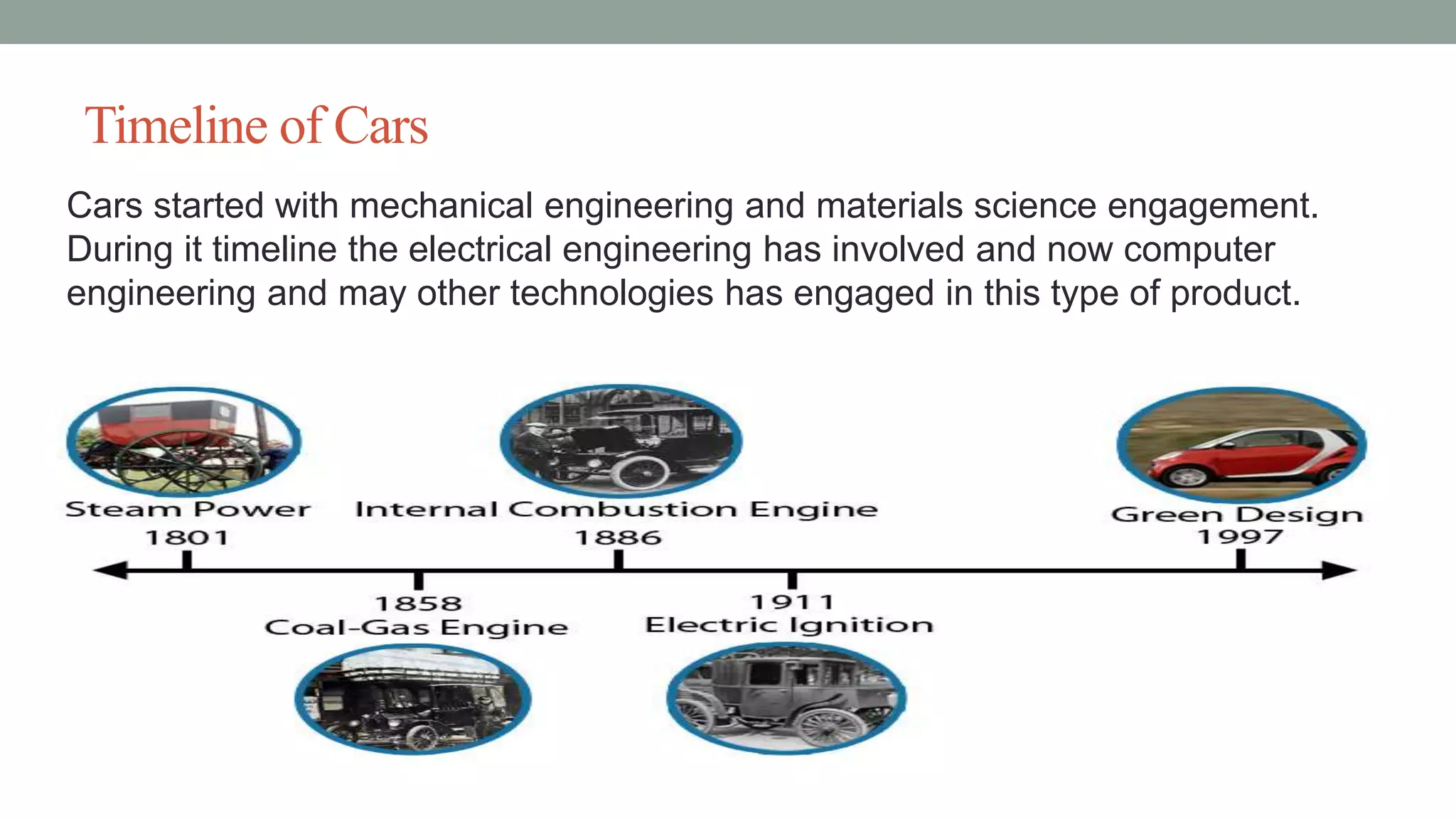 Timeline of Cars
Cars started with mechanical engineering and materials science engagement.
During it timeline the electrical engineering has involved and now computer
engineering and may other technologies has engaged in this type of product.
 