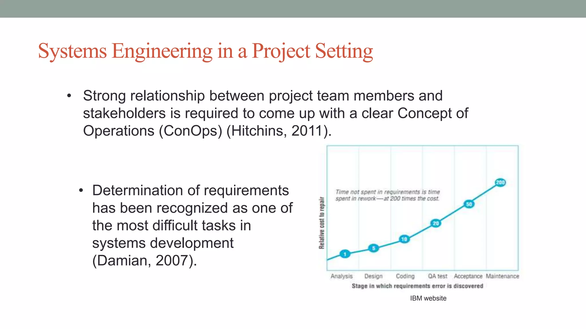Systems Engineering in a Project Setting
• Strong relationship between project team members and
stakeholders is required to come up with a clear Concept of
Operations (ConOps) (Hitchins, 2011).
• Determination of requirements
has been recognized as one of
the most difficult tasks in
systems development
(Damian, 2007).
IBM website
 