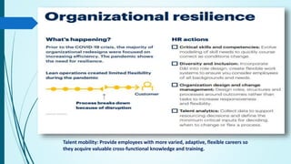 Talent mobility: Provide employees with more varied, adaptive, flexible careers so
they acquire valuable cross-functional knowledge and training.
 