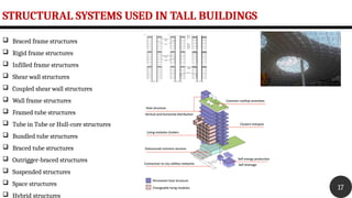 STRUCTURAL SYSTEMS USED IN TALL BUILDINGS
17
 Braced frame structures
 Rigid frame structures
 Infilled frame structures
 Shear wall structures
 Coupled shear wall structures
 Wall frame structures
 Framed tube structures
 Tube in Tube or Hull-core structures
 Bundled tube structures
 Braced tube structures
 Outrigger-braced structures
 Suspended structures
 Space structures
 Hybrid structures
 