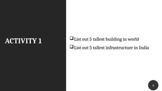 ACTIVITY 1
44
List out 5 tallest building in world
List out 5 tallest infrastructure in India
 