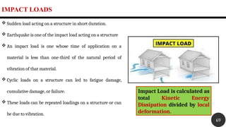 IMPACT LOADS
69
 Sudden load acting on a structure in short duration.
 Earthquake is one of the impact load acting on a structure
 An impact load is one whose time of application on a
material is less than one-third of the natural period of
vibration of that material.
 Cyclic loads on a structure can led to fatigue damage,
cumulative damage, or failure.
 These loads can be repeated loadings on a structure or can
be due to vibration.
Impact Load is calculated as
total Kinetic Energy
Dissipation divided by local
deformation.
 