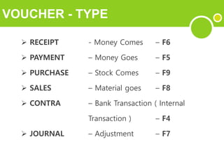 VOUCHER - TYPE
 RECEIPT - Money Comes – F6
 PAYMENT – Money Goes – F5
 PURCHASE – Stock Comes – F9
 SALES – Material goes – F8
 CONTRA – Bank Transaction ( Internal
Transaction ) – F4
 JOURNAL – Adjustment – F7
 