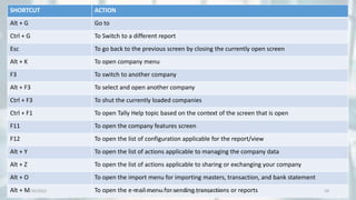 SHORTCUT ACTION
Alt + G Go to
Ctrl + G To Switch to a different report
Esc To go back to the previous screen by closing the currently open screen
Alt + K To open company menu
F3 To switch to another company
Alt + F3 To select and open another company
Ctrl + F3 To shut the currently loaded companies
Ctrl + F1 To open Tally Help topic based on the context of the screen that is open
F11 To open the company features screen
F12 To open the list of configuration applicable for the report/view
Alt + Y To open the list of actions applicable to managing the company data
Alt + Z To open the list of actions applicable to sharing or exchanging your company
Alt + O To open the import menu for importing masters, transaction, and bank statement
Alt + M To open the e-mail menu for sending transactions or reports
8/10/2022 Udayan Care Information Technology Programme 10
 