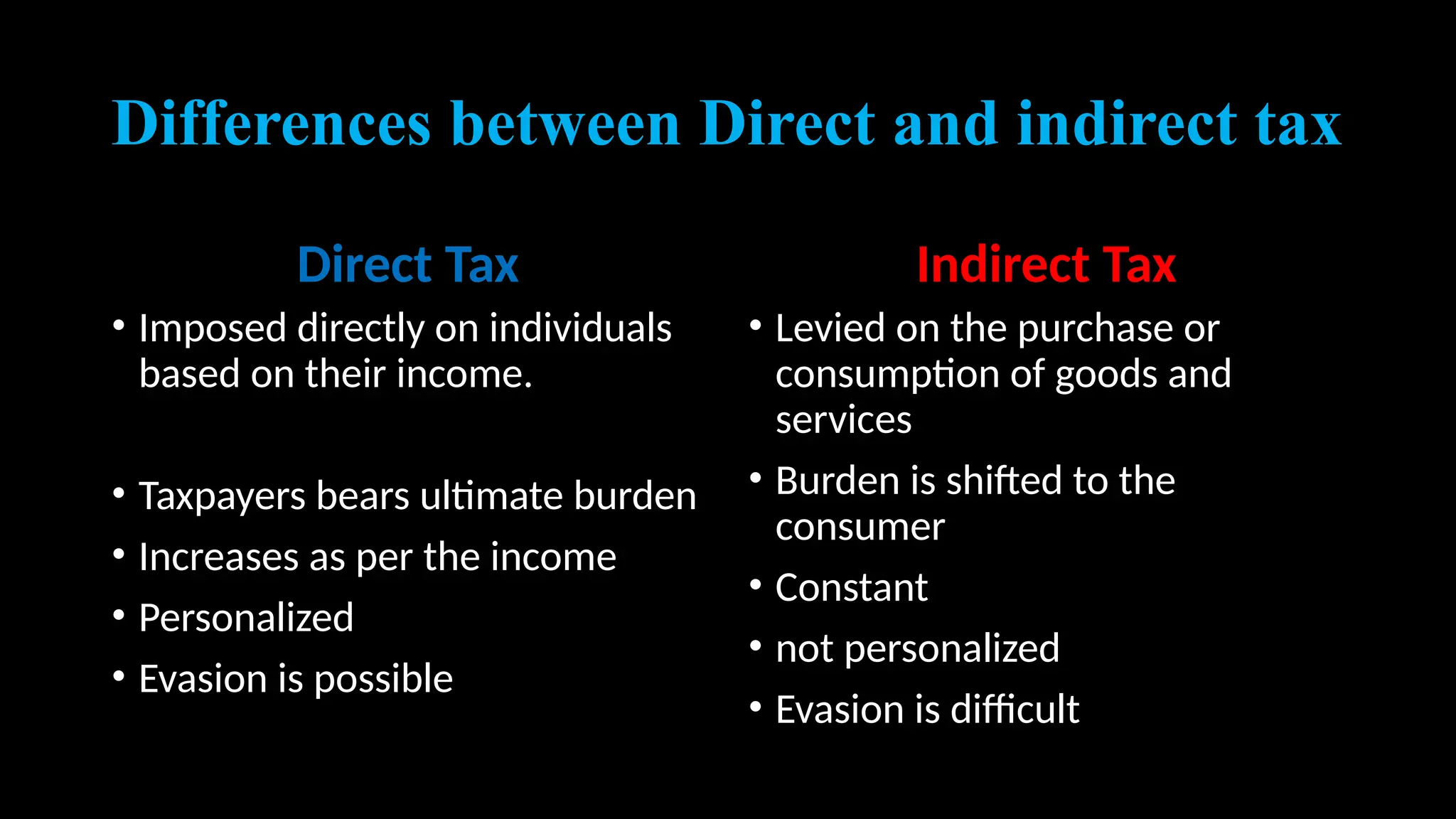 Differences between Direct and indirect tax
Direct Tax
• Imposed directly on individuals
based on their income.
• Taxpayers bears ultimate burden
• Increases as per the income
• Personalized
• Evasion is possible
Indirect Tax
• Levied on the purchase or
consumption of goods and
services
• Burden is shifted to the
consumer
• Constant
• not personalized
• Evasion is difficult
 