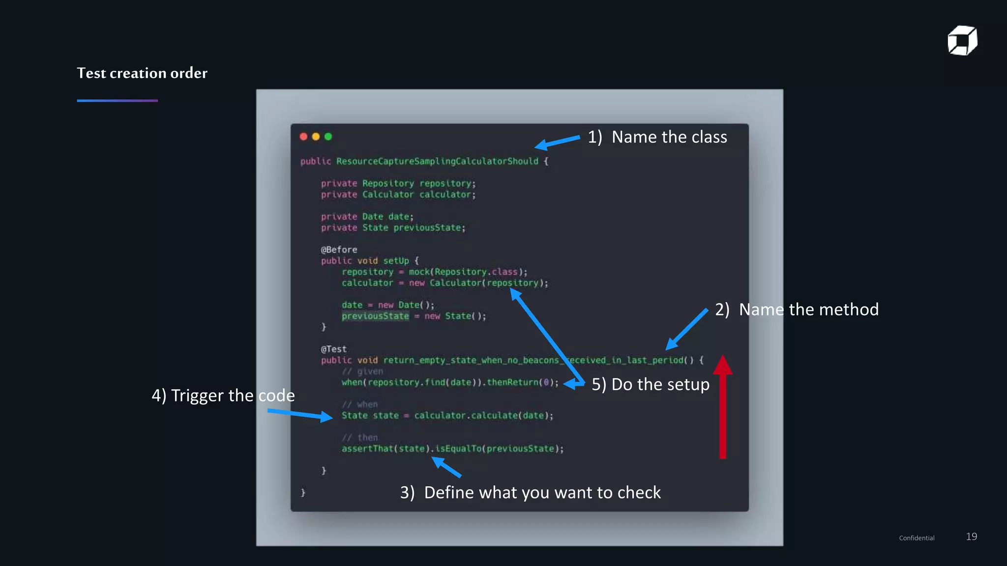 Confidential 19
Test creation order
1) Name the class
2) Name the method
3) Define what you want to check
4) Trigger the code
5) Do the setup
 