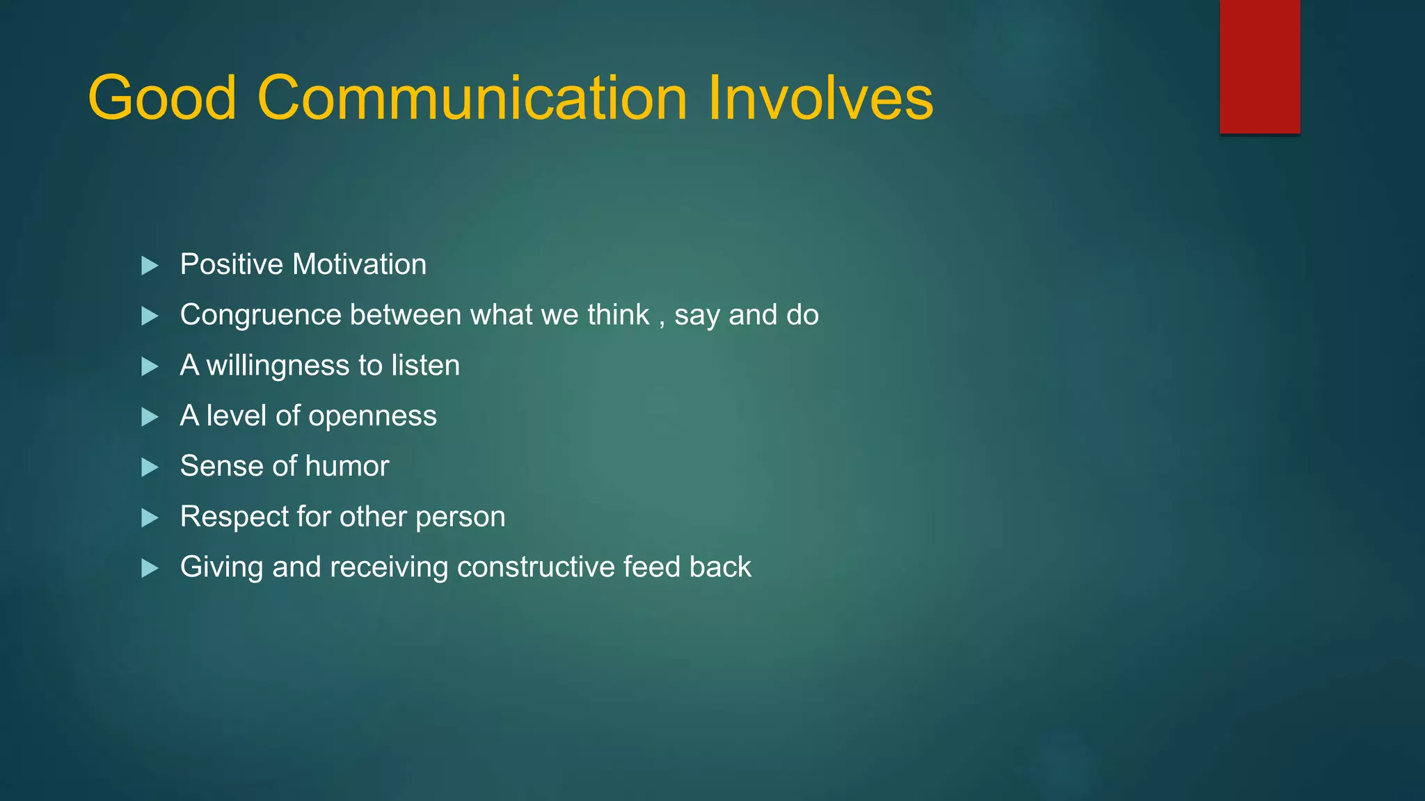 Good Communication Involves
 Positive Motivation
 Congruence between what we think , say and do
 A willingness to listen
 A level of openness
 Sense of humor
 Respect for other person
 Giving and receiving constructive feed back
 