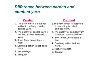 Difference between carded and
combed yarn
Carded
1. The yarn which is obtained
without combing is called
carded yarn.
2. The quality of carded yarn is
not better then combed
yarn.
3. Short fiber percentage is
high.
4. Combing action is not done
hare.
5.Less strength.
6. Irregular.
Combed
1.The yarn which is obtained
by combing is called
combed yarn.
2. The quality of combed yarn
is better than corded yarn.
3. Short fiber percentage is
low.
4. Combing action is done
hare.
5. Higher strength.
6. Regular.
 