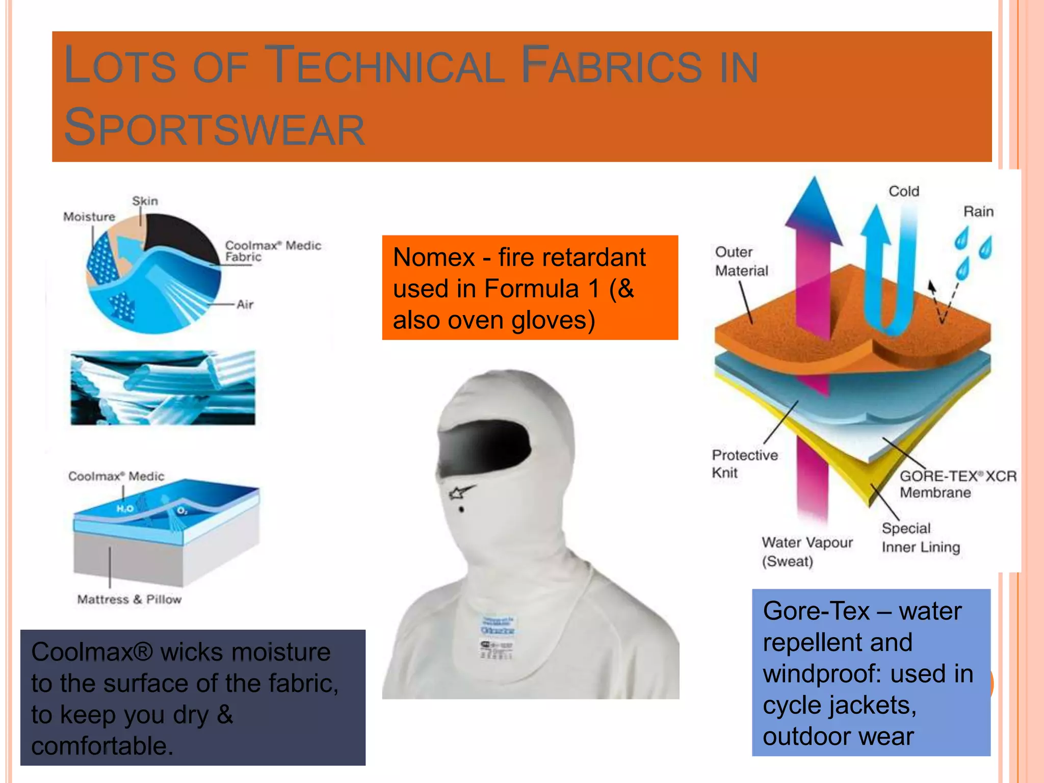 LOTS OF TECHNICAL FABRICS IN
SPORTSWEAR
Gore-Tex – water
repellent and
windproof: used in
cycle jackets,
outdoor wear
Nomex - fire retardant
used in Formula 1 (&
also oven gloves)
Coolmax® wicks moisture
to the surface of the fabric,
to keep you dry &
comfortable.
 