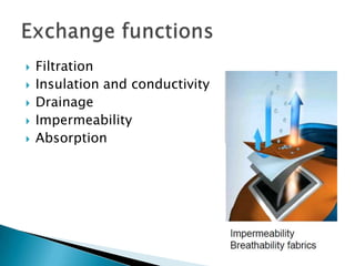  Filtration
 Insulation and conductivity
 Drainage
 Impermeability
 Absorption
 