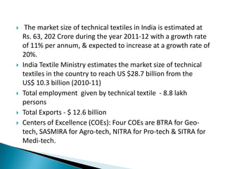  The market size of technical textiles in India is estimated at
Rs. 63, 202 Crore during the year 2011-12 with a growth rate
of 11% per annum, & expected to increase at a growth rate of
20%.
 India Textile Ministry estimates the market size of technical
textiles in the country to reach US $28.7 billion from the
US$ 10.3 billion (2010-11)
 Total employment given by technical textile - 8.8 lakh
persons
 Total Exports - $ 12.6 billion
 Centers of Excellence (COEs): Four COEs are BTRA for Geo-
tech, SASMIRA for Agro-tech, NITRA for Pro-tech & SITRA for
Medi-tech.
 