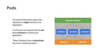 Pods
The atomic Kubernetes object that
represents a single instance of an
application.
The Pod acts as a logical host for one
or n containers comprising an
application.
These containers have a shared fate,
key to any clustering system.
container container container
volume A volume B
network interface
 