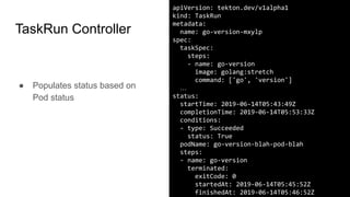 apiVersion: tekton.dev/v1alpha1
kind: TaskRun
metadata:
name: go-version-mxylp
spec:
taskSpec:
steps:
- name: go-version
image: golang:stretch
command: ['go', 'version']
…
status:
startTime: 2019-06-14T05:43:49Z
completionTime: 2019-06-14T05:53:33Z
conditions:
- type: Succeeded
status: True
podName: go-version-blah-pod-blah
steps:
- name: go-version
terminated:
exitCode: 0
startedAt: 2019-06-14T05:45:52Z
finishedAt: 2019-06-14T05:46:52Z
● Populates status based on
Pod status
TaskRun Controller
 