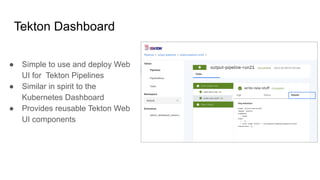 ● Simple to use and deploy Web
UI for Tekton Pipelines
● Similar in spirit to the
Kubernetes Dashboard
● Provides reusable Tekton Web
UI components
Tekton Dashboard
 