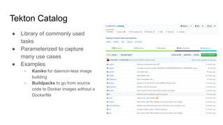 ● Library of commonly used
tasks
● Parameterized to capture
many use cases
● Examples
○ Kaniko for daemon-less image
building
○ Buildpacks to go from source
code to Docker images without a
Dockerfile
Tekton Catalog
 