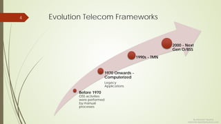 Evolution Telecom Frameworks4
Before 1970
OSS activities
were performed
by manual
processes
1970 Onwards -
Computerized
Legacy
Applications
1990s - TMN
2000 - Next
Gen O/BSS
By Ashutosh Tripathy
Ashutosh.tripathy@yahoo.com
 