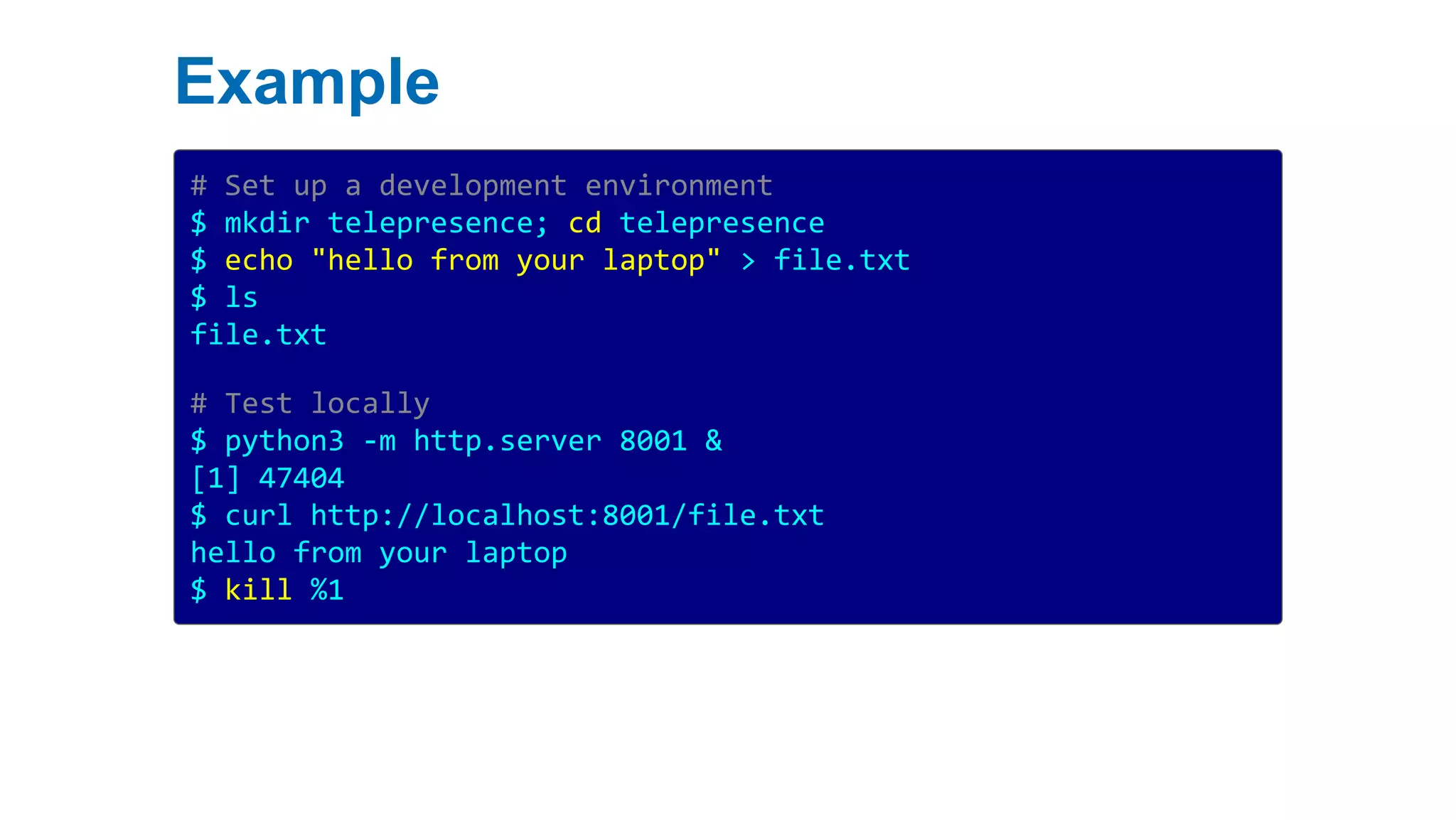 Example
# Set up a development environment
$ mkdir telepresence; cd telepresence
$ echo "hello from your laptop" > file.txt
$ ls
file.txt
# Test locally
$ python3 -m http.server 8001 &
[1] 47404
$ curl http://localhost:8001/file.txt
hello from your laptop
$ kill %1
 