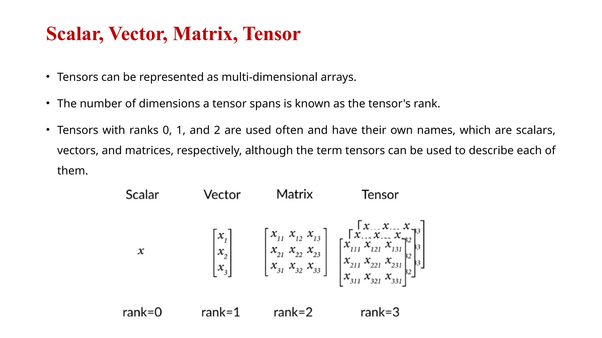 Scalar, Vector, Matrix, Tensor
• Tensors can be represented as multi-dimensional arrays.
• The number of dimensions a tensor spans is known as the tensor's rank.
• Tensors with ranks 0, 1, and 2 are used often and have their own names, which are scalars,
vectors, and matrices, respectively, although the term tensors can be used to describe each of
them.
 
