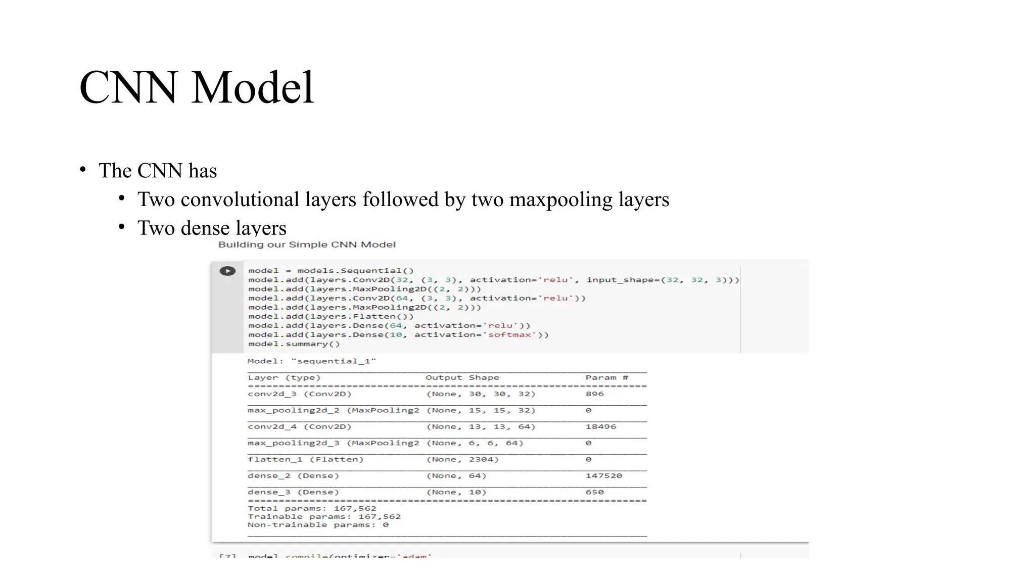 CNN Model
• The CNN has
• Two convolutional layers followed by two maxpooling layers
• Two dense layers
 