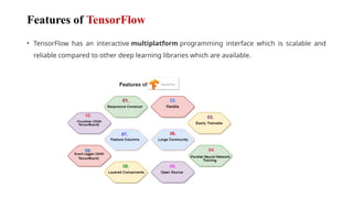 Features of TensorFlow
• TensorFlow has an interactive multiplatform programming interface which is scalable and
reliable compared to other deep learning libraries which are available.
 
