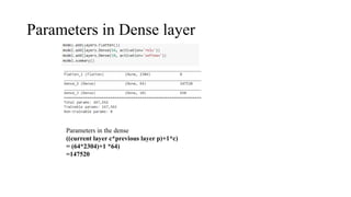 Parameters in Dense layer
Parameters in the dense
((current layer c*previous layer p)+1*c)
= (64*2304)+1 *64)
=147520
 