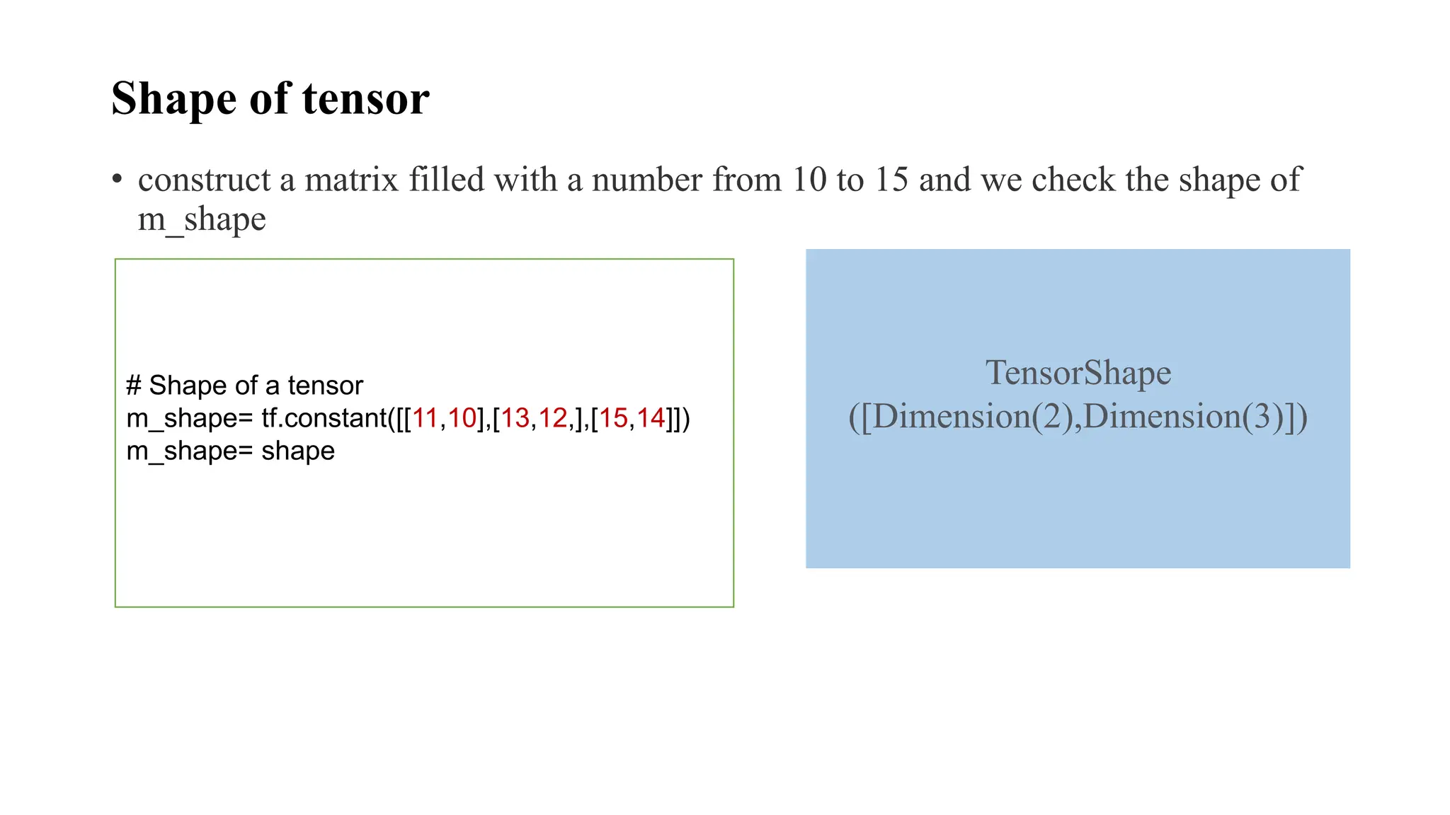 Shape of tensor
• construct a matrix filled with a number from 10 to 15 and we check the shape of
m_shape
# Shape of a tensor
m_shape= tf.constant([[11,10],[13,12,],[15,14]])
m_shape= shape
TensorShape
([Dimension(2),Dimension(3)])
 