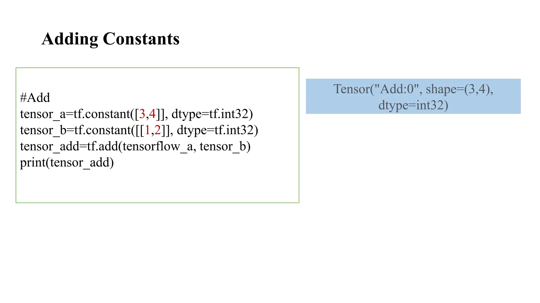 Adding Constants
#Add
tensor_a=tf.constant([3,4]], dtype=tf.int32)
tensor_b=tf.constant([[1,2]], dtype=tf.int32)
tensor_add=tf.add(tensorflow_a, tensor_b)
print(tensor_add)
Tensor("Add:0", shape=(3,4),
dtype=int32)
 