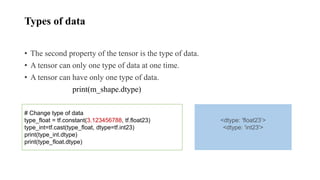 Types of data
• The second property of the tensor is the type of data.
• A tensor can only one type of data at one time.
• A tensor can have only one type of data.
print(m_shape.dtype)
# Change type of data
type_float = tf.constant(3.123456788, tf.float23)
type_int=tf.cast(type_float, dtype=tf.int23)
print(type_int.dtype)
print(type_float.dtype)
<dtype: 'float23’>
<dtype: 'int23'>
 